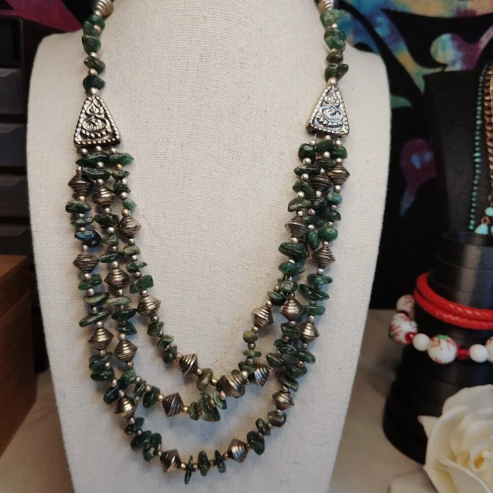 Layered Green Jadeite Chip Necklace with Silver Tone Beads, 18–20